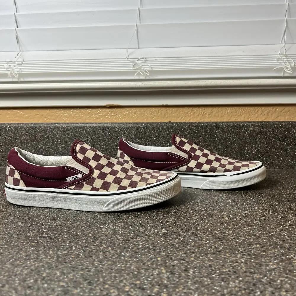 Vans Classic Slip On Skate Shoes Canvas Burgundy Check Print Womens 8.5 Sneakers